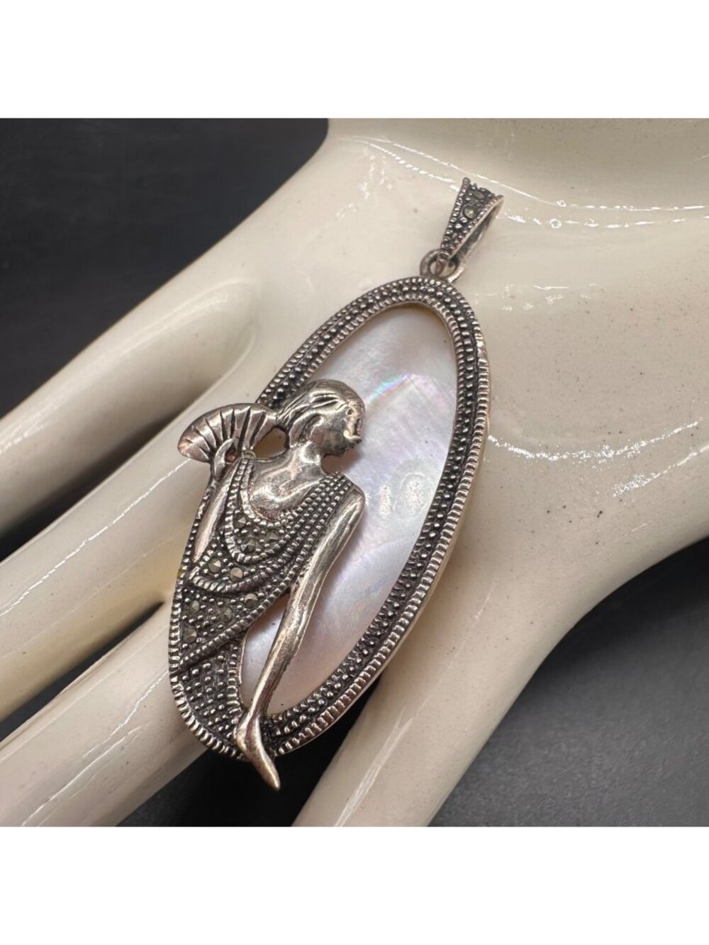 Vintage Pendant Sterling Silver Mother Of Pearl Marcasite Art Deco Flapper Woman